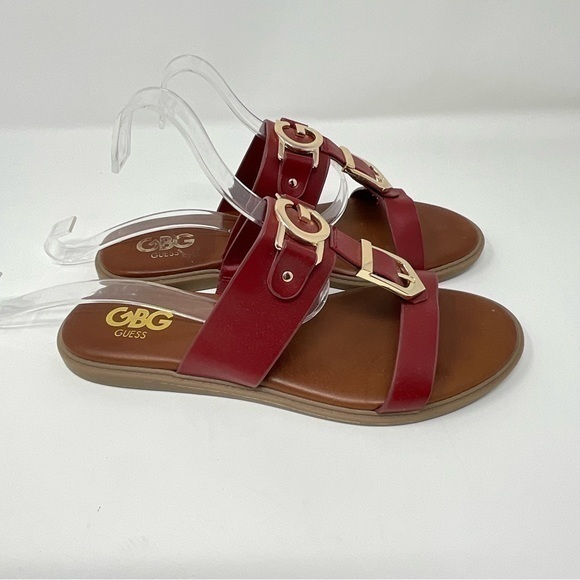 G By Guess Dark Red Open Toe Sandal with Gold Accents Size 7 1/2 - Picture 2 of 12